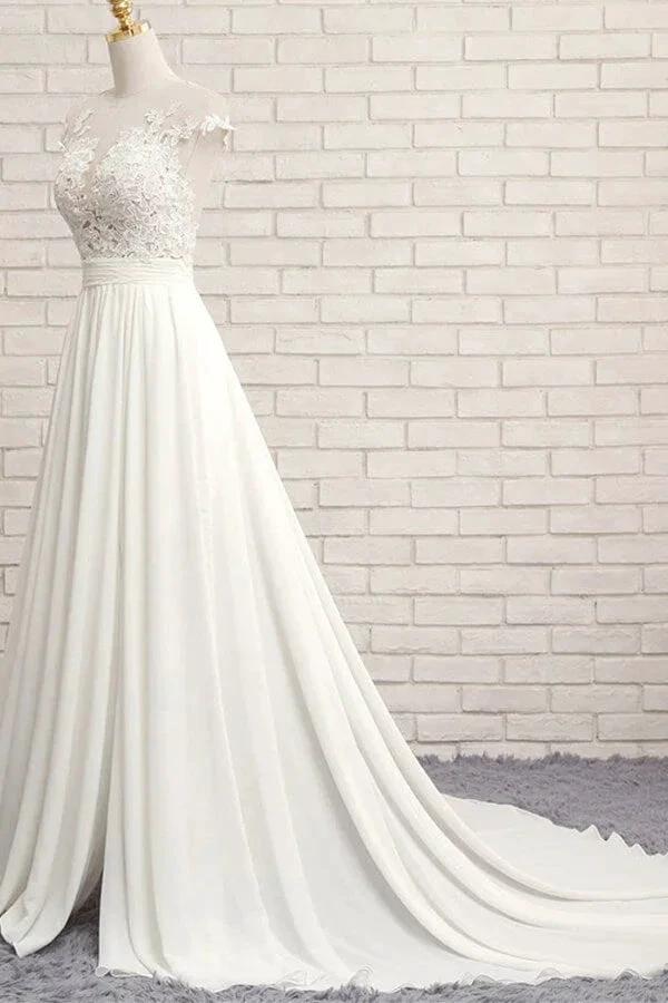 Long A-line Appliques Lace Chiffon Wedding Dress with Slit by BIZTUNNEL
