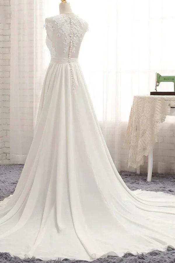 Long A-line Appliques Lace Chiffon Wedding Dress with Slit by BIZTUNNEL