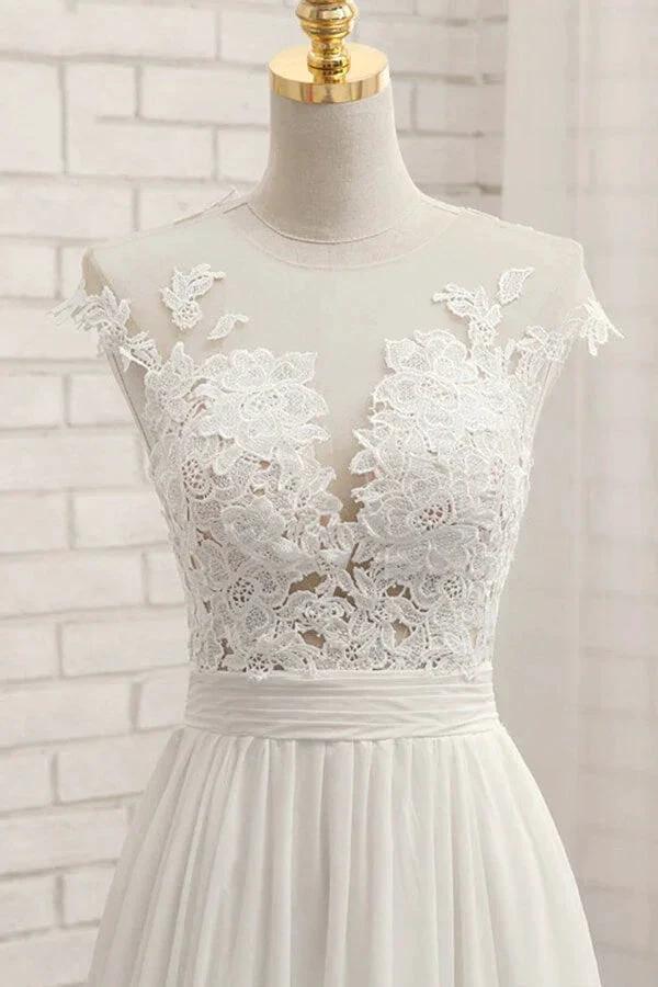 Long A-line Appliques Lace Chiffon Wedding Dress with Slit by BIZTUNNEL