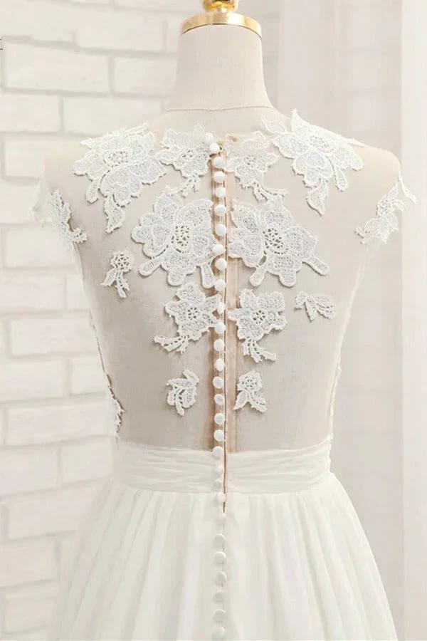 Long A-line Appliques Lace Chiffon Wedding Dress with Slit by BIZTUNNEL