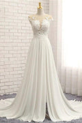 Long A-line Appliques Lace Chiffon Wedding Dress with Slit by BIZTUNNEL