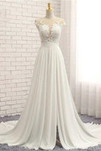 Long A-line Appliques Lace Chiffon Wedding Dress with Slit by BIZTUNNEL