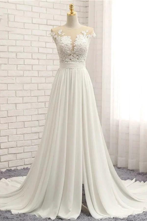 Long A-line Appliques Lace Chiffon Wedding Dress with Slit by BIZTUNNEL