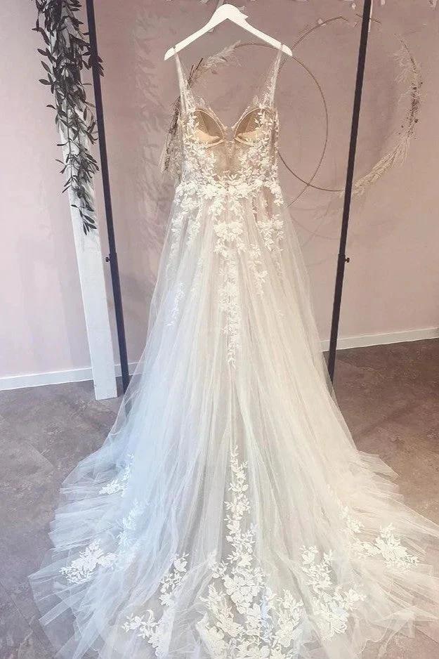 Long A-Line Appliques Lace Spaghetti Straps Sweetheart Tulle Wedding Dresses by BIZTUNNEL