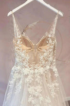 Long A-Line Appliques Lace Spaghetti Straps Sweetheart Tulle Wedding Dresses by BIZTUNNEL
