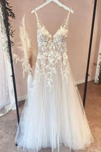 Long A-Line Appliques Lace Spaghetti Straps Sweetheart Tulle Wedding Dresses by BIZTUNNEL