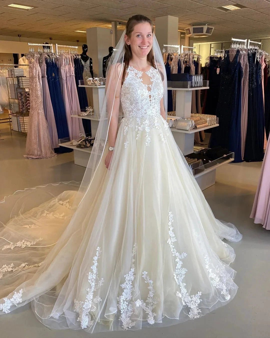 Long A-Line Appliques Lace Tulle Ruffles Backless Wedding Dress by BIZTUNNEL