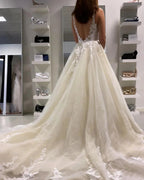 Long A-Line Appliques Lace Tulle Ruffles Backless Wedding Dress by BIZTUNNEL