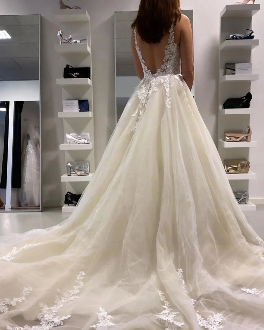 Long A-Line Appliques Lace Tulle Ruffles Backless Wedding Dress by BIZTUNNEL