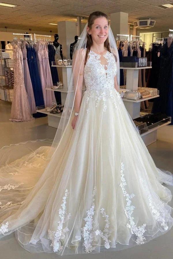 Long A-Line Appliques Lace Tulle Ruffles Backless Wedding Dress by BIZTUNNEL