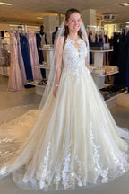 Long A-Line Appliques Lace Tulle Ruffles Backless Wedding Dress by BIZTUNNEL