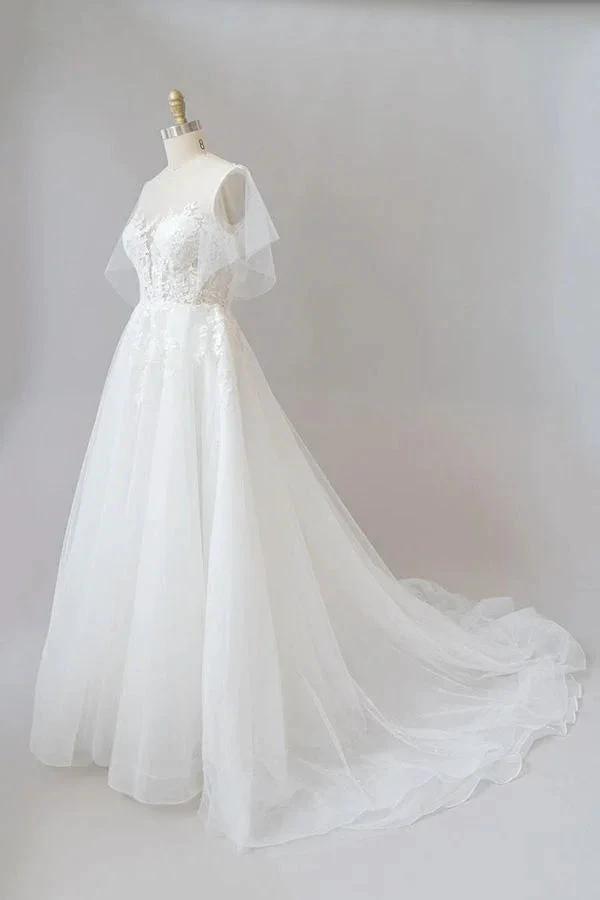 Long A-line Appliques Lace Tulle Wedding Dress with Sleeves by BIZTUNNEL