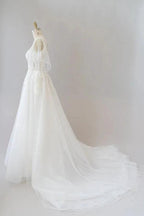 Long A-line Appliques Lace Tulle Wedding Dress with Sleeves by BIZTUNNEL