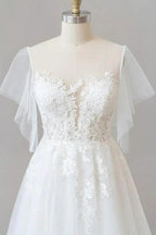 Long A-line Appliques Lace Tulle Wedding Dress with Sleeves by BIZTUNNEL