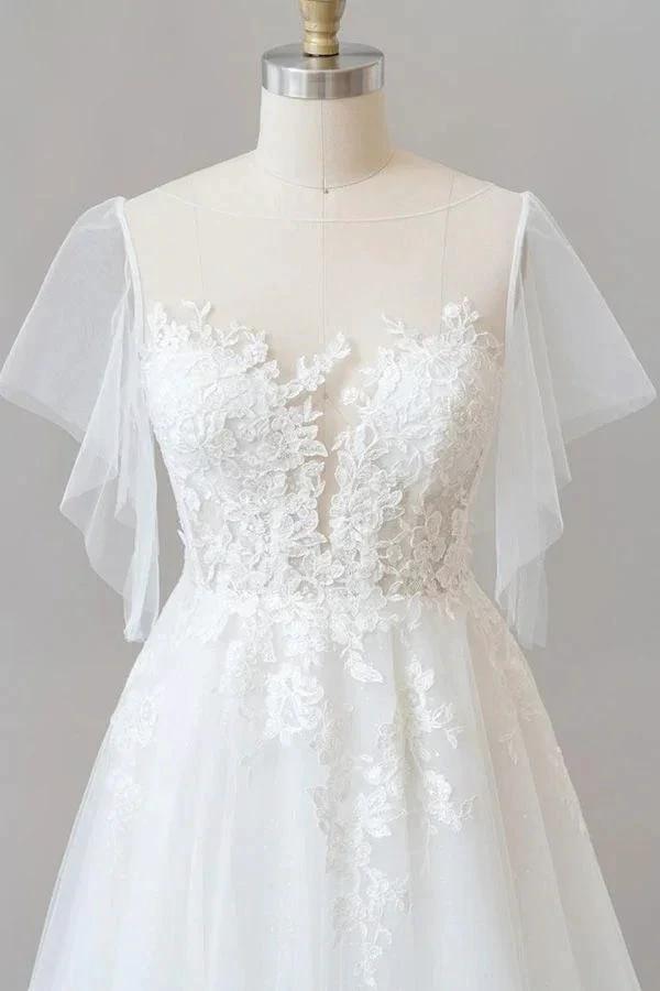 Long A-line Appliques Lace Tulle Wedding Dress with Sleeves by BIZTUNNEL