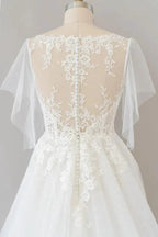 Long A-line Appliques Lace Tulle Wedding Dress with Sleeves by BIZTUNNEL