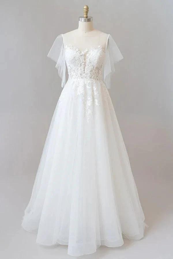 Long A-line Appliques Lace Tulle Wedding Dress with Sleeves by BIZTUNNEL