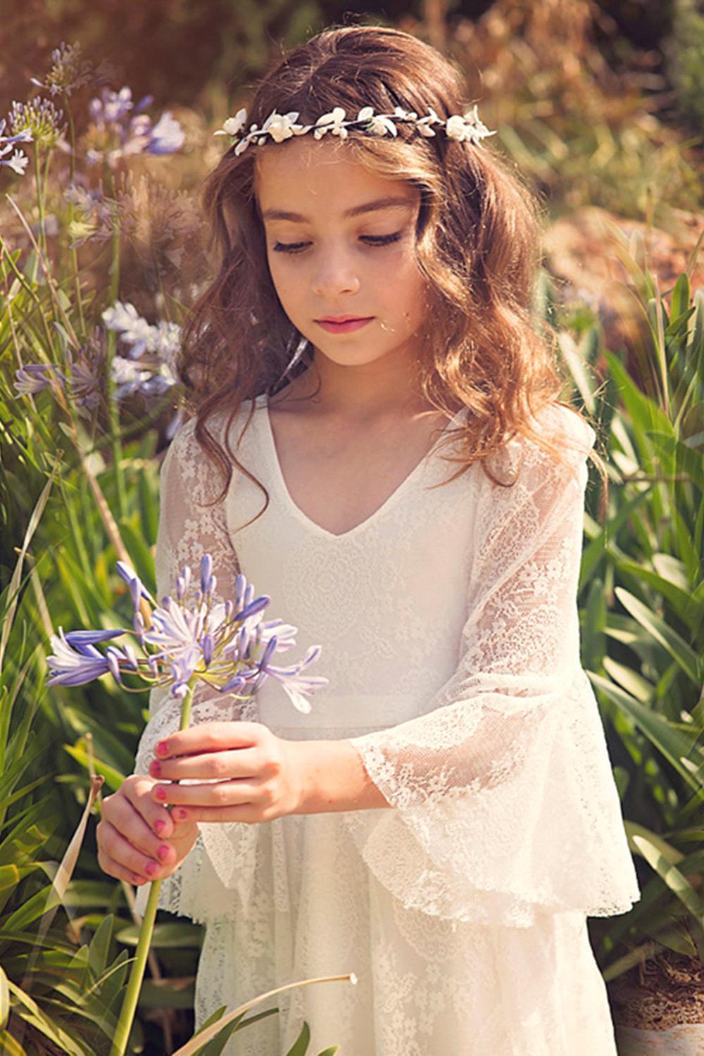 Long A-line Appliques Lace V-neck Flower Girl Dress with Sleeves - photo 2