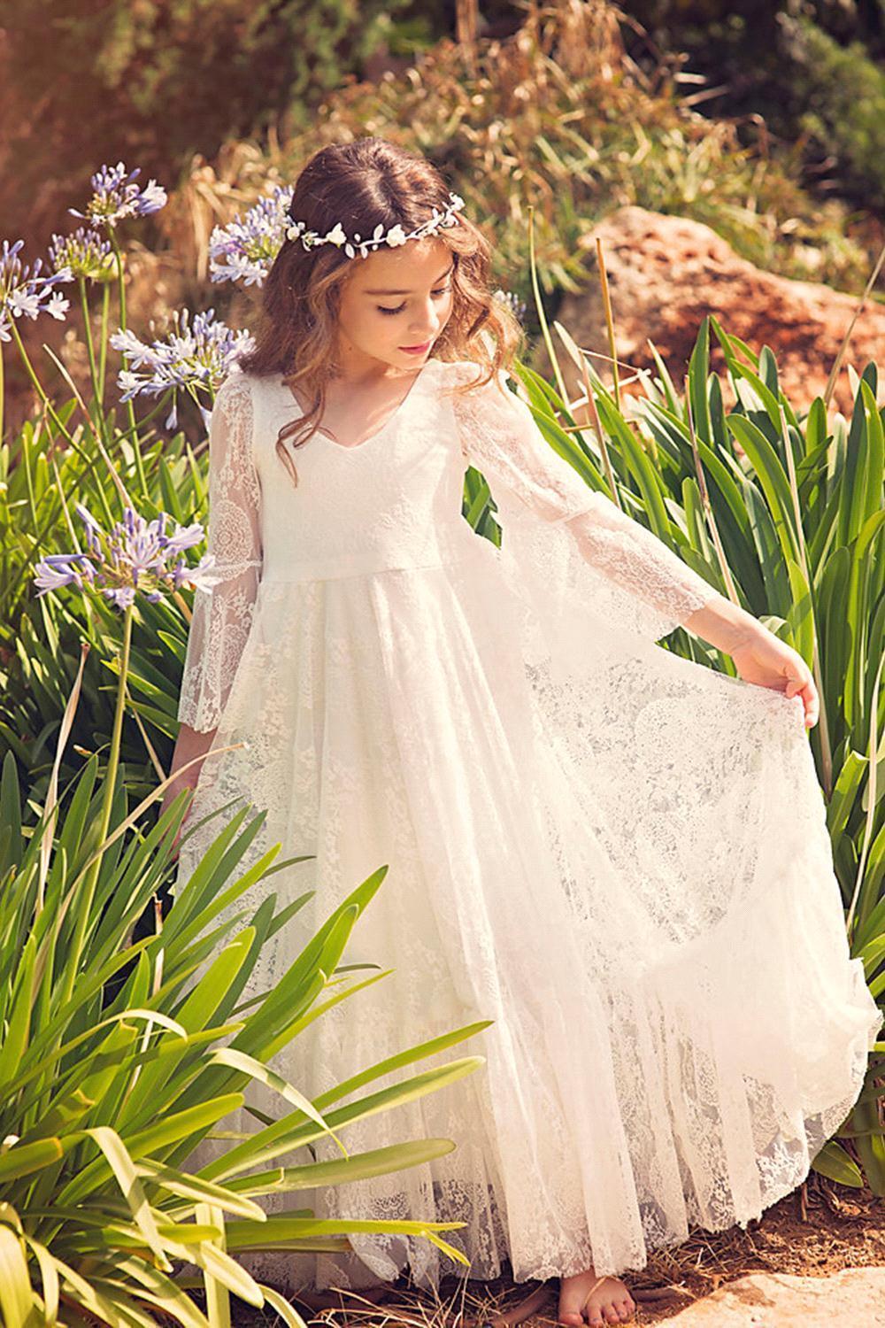 Long A-line Appliques Lace V-neck Flower Girl Dress with Sleeves - photo 4