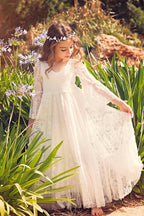 Long A-line Appliques Lace V-neck Flower Girl Dress with Sleeves - photo 4