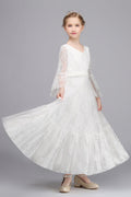 Long A-line Appliques Lace V-neck Flower Girl Dress with Sleeves - photo 5