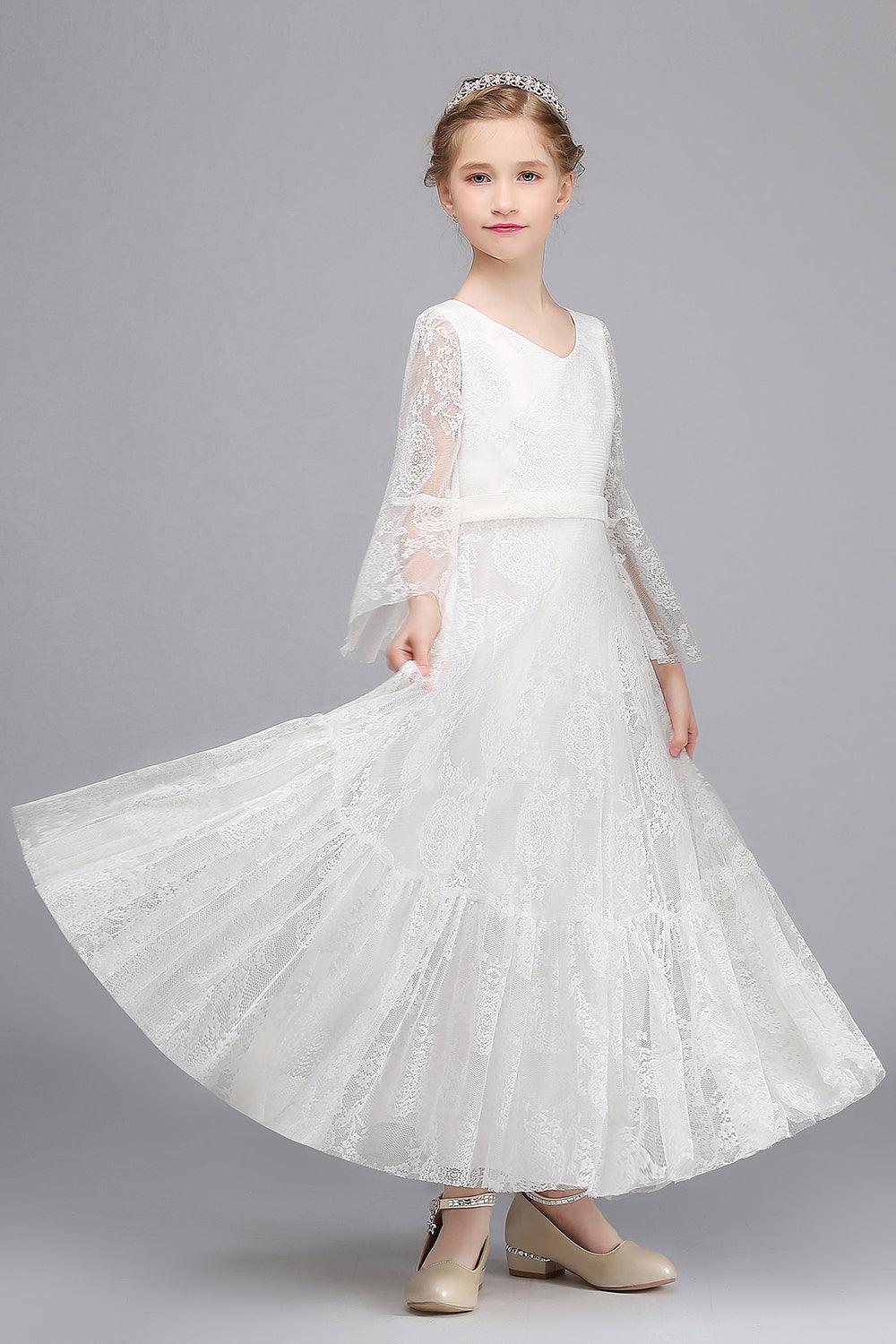 Long A-line Appliques Lace V-neck Flower Girl Dress with Sleeves - photo 5