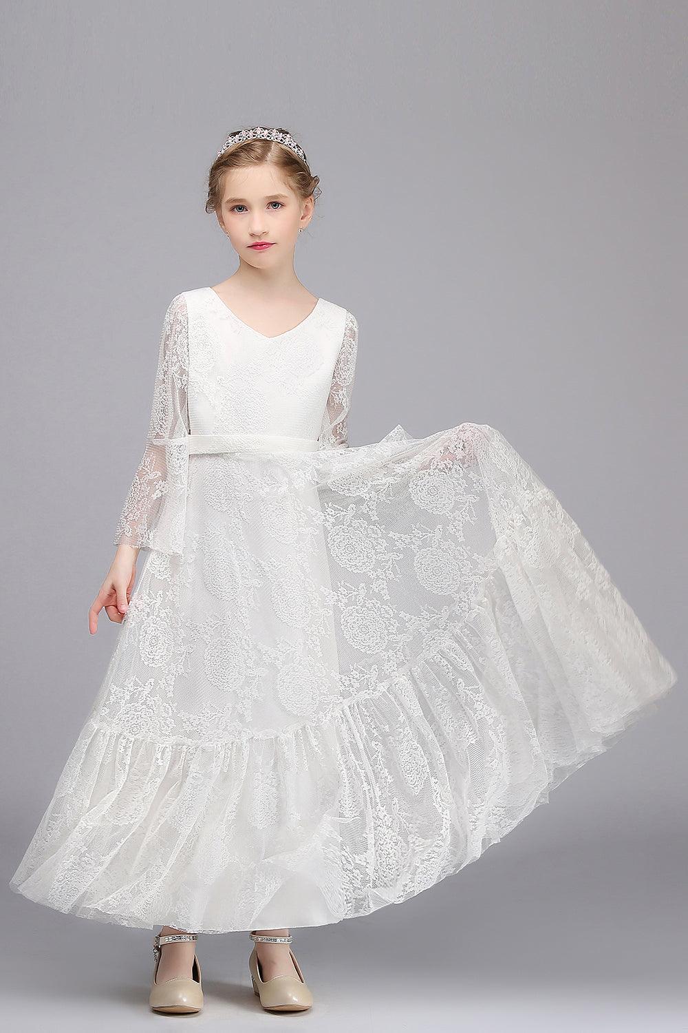 Long A-line Appliques Lace V-neck Flower Girl Dress with Sleeves - photo 6
