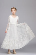 Long A-line Appliques Lace V-neck Flower Girl Dress with Sleeves - photo 6