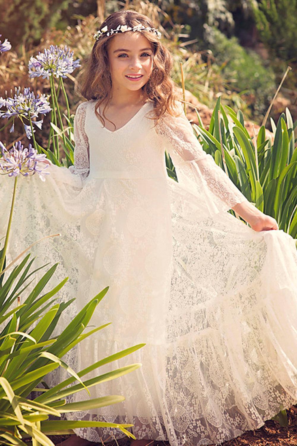 Long A-line Appliques Lace V-neck Flower Girl Dress with Sleeves - photo 1