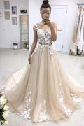 Long A-line Bateau Lace Appliqued Gold Sash Wedding Dress with Sleeves by BIZTUNNEL