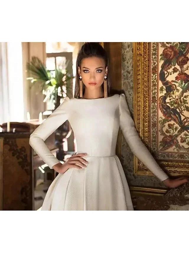 Long A-Line Bateau Neck Court Train Polyester Backless Wedding Dresses with Sleeves by BIZTUNNEL