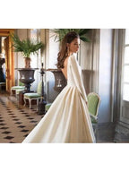 Long A-Line Bateau Neck Court Train Polyester Backless Wedding Dresses with Sleeves by BIZTUNNEL