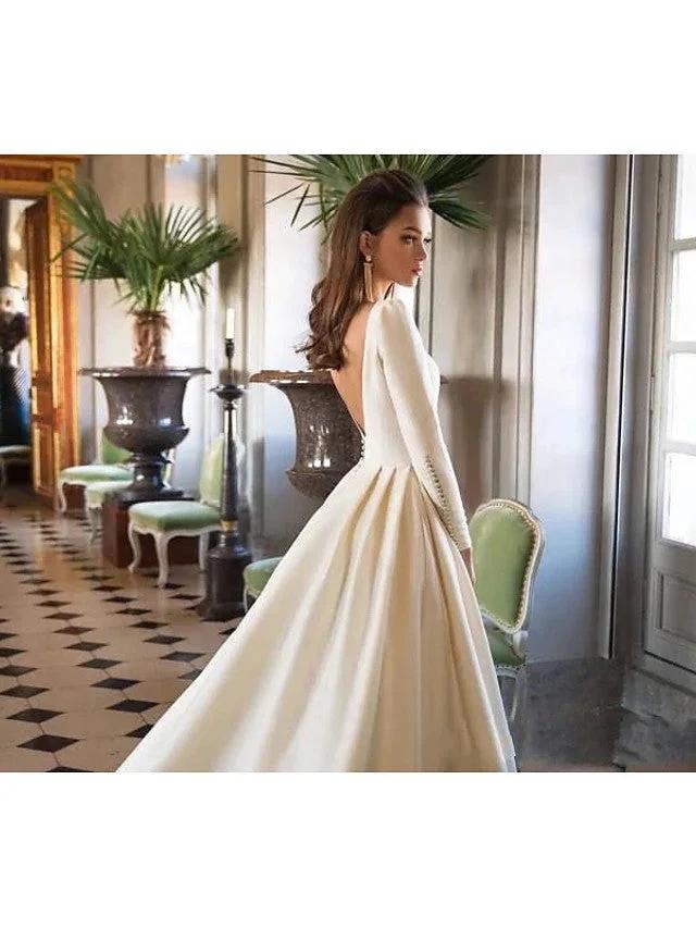 Long A-Line Bateau Neck Court Train Polyester Backless Wedding Dresses with Sleeves by BIZTUNNEL