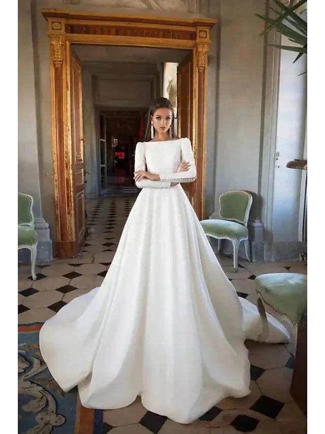 Long A-Line Bateau Neck Court Train Polyester Backless Wedding Dresses with Sleeves by BIZTUNNEL