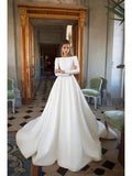 Long A-Line Bateau Neck Court Train Polyester Backless Wedding Dresses with Sleeves by BIZTUNNEL