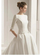 Long A-Line Bateau Neck Polyester Half Sleeve Backless Wedding Dresses with Pockets by BIZTUNNEL