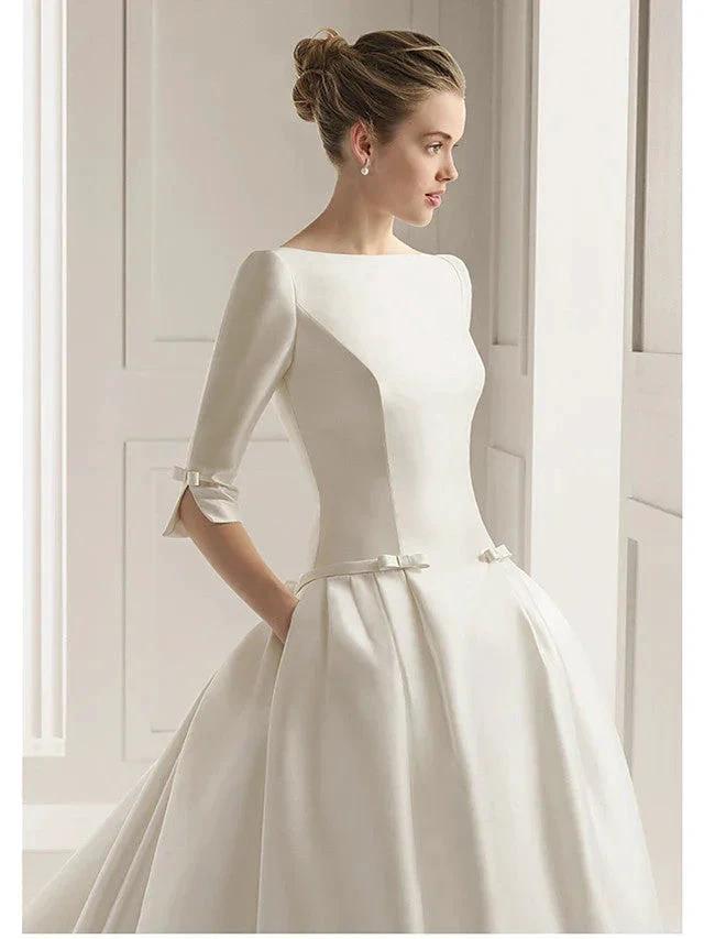 Long A-Line Bateau Neck Polyester Half Sleeve Backless Wedding Dresses with Pockets by BIZTUNNEL