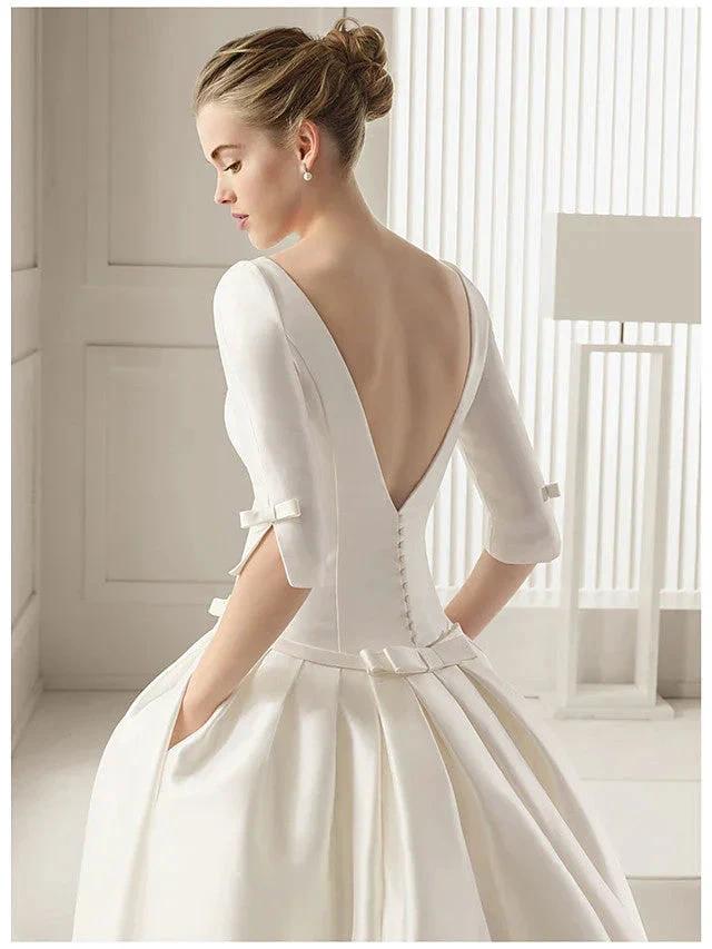 Long A-Line Bateau Neck Polyester Half Sleeve Backless Wedding Dresses with Pockets by BIZTUNNEL