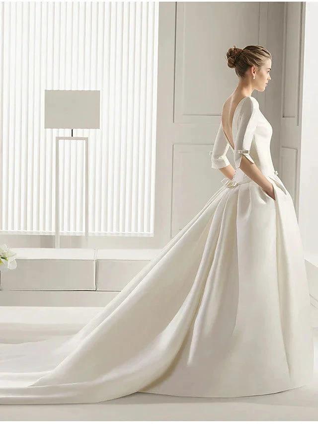 Long A-Line Bateau Neck Polyester Half Sleeve Backless Wedding Dresses with Pockets by BIZTUNNEL
