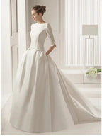 Long A-Line Bateau Neck Polyester Half Sleeve Backless Wedding Dresses with Pockets by BIZTUNNEL