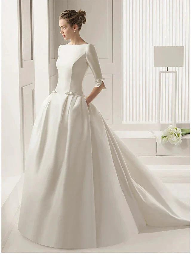 Long A-Line Bateau Neck Polyester Half Sleeve Backless Wedding Dresses with Pockets by BIZTUNNEL
