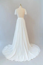 Long A-line Chiffon Backless Wedding Dress with Sleeves by BIZTUNNEL