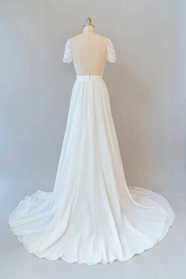Long A-line Chiffon Backless Wedding Dress with Sleeves by BIZTUNNEL