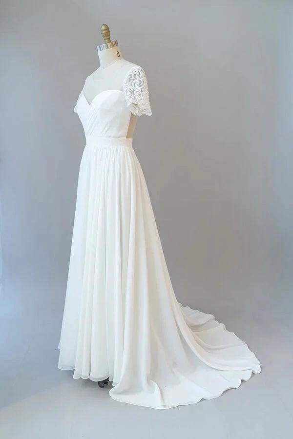 Long A-line Chiffon Backless Wedding Dress with Sleeves by BIZTUNNEL
