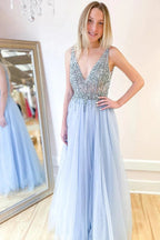 Long A-line Deep V-neck Beading Tulle Open Back Prom Dress With Slit by BIZTUNNEL