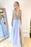 Long A-line Deep V-neck Beading Tulle Open Back Prom Dress With Slit by BIZTUNNEL