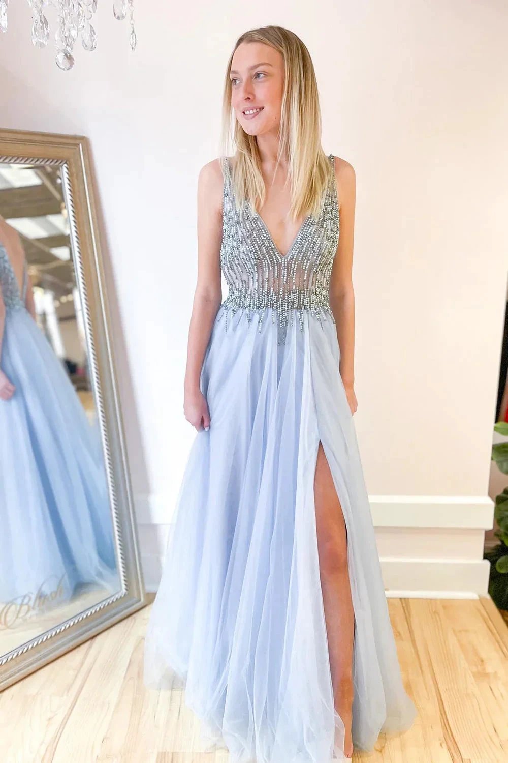Long A-line Deep V-neck Beading Tulle Open Back Prom Dress With Slit by BIZTUNNEL