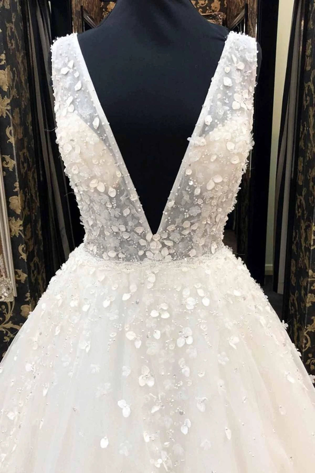 Long A-Line Deep V Neck Tulle Wedding Dress by BIZTUNNEL