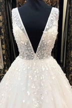 Long A-Line Deep V Neck Tulle Wedding Dress by BIZTUNNEL
