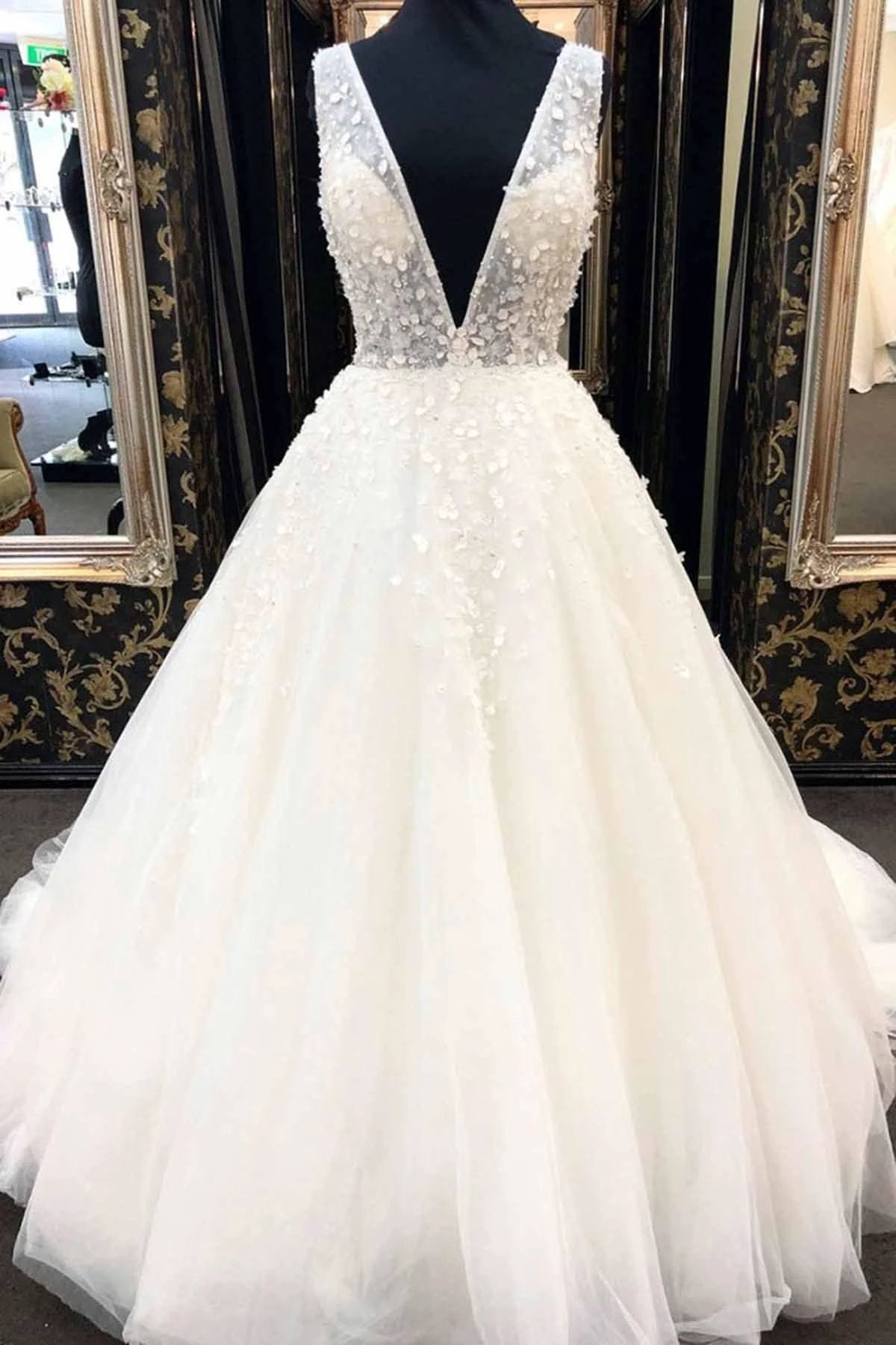 Long A-Line Deep V Neck Tulle Wedding Dress by BIZTUNNEL